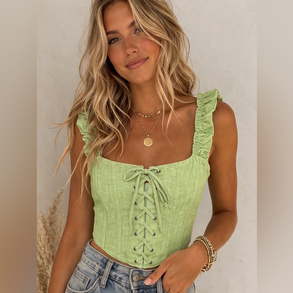 Papermoon Sage Green Lace-Up Corset Top | Ruffle Straps | S & L